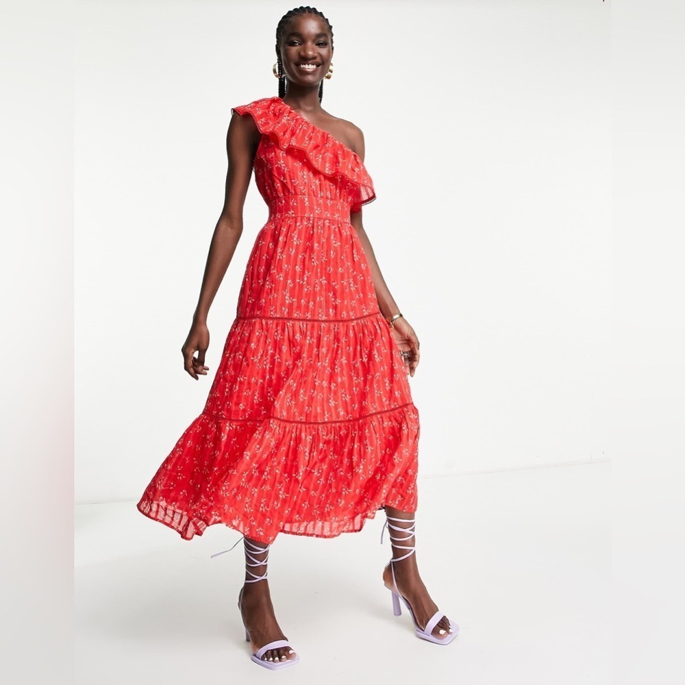 YAS Tiered One Shoulder Midi Dress Red Floral XXL